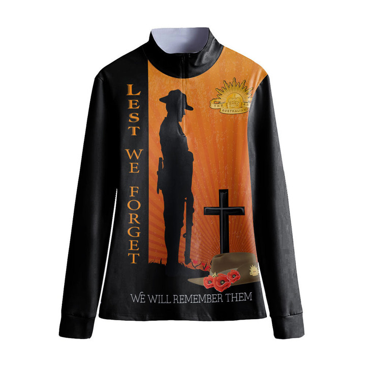 1sttheworld Clothing - (Custom) Anzac Day Lest We Forget Soldier Standing Guard Women's Stand-up Collar T-shirt A31