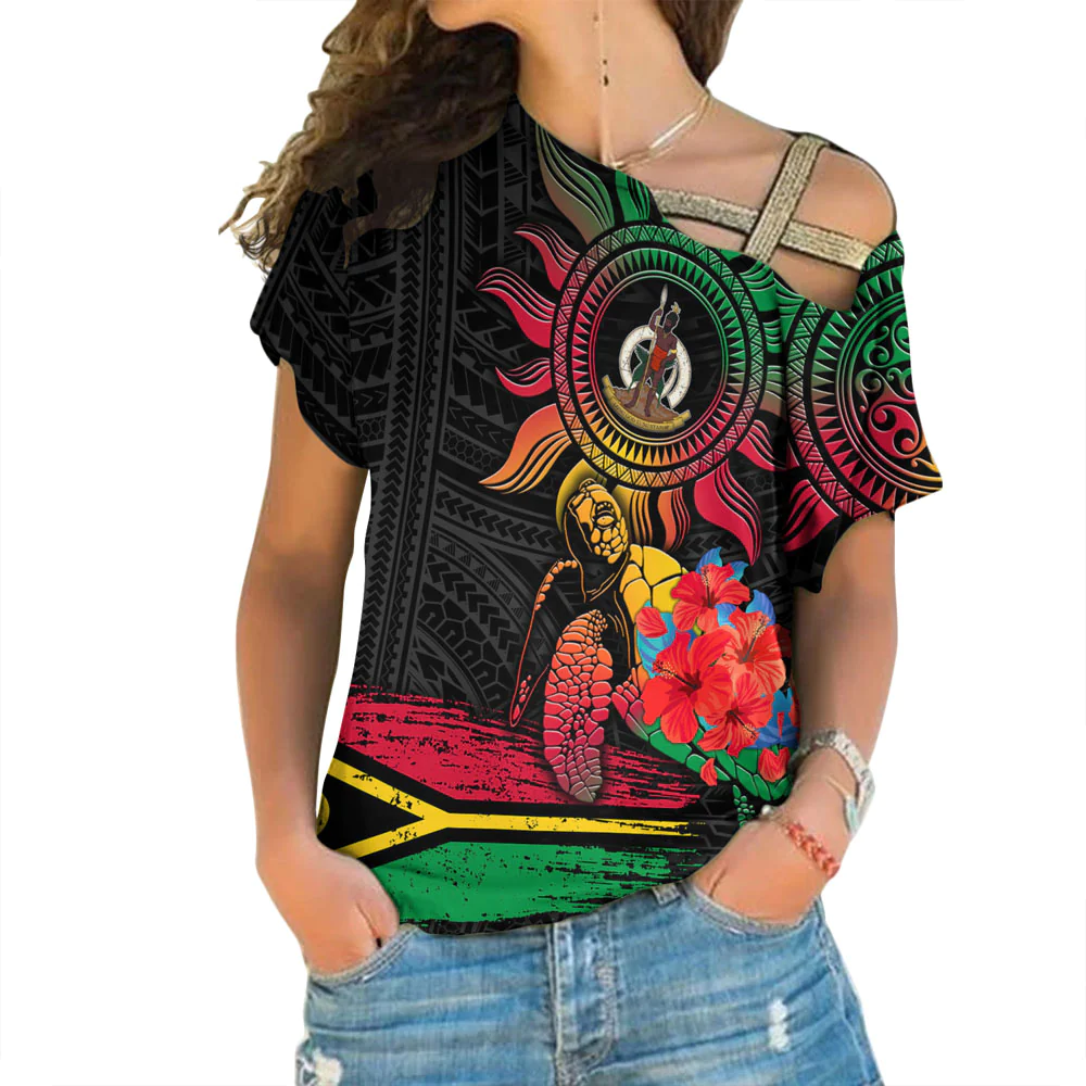 Vanuatu Islands Polynesian Sun and Turtle Tattoo One Shoulder Shirt A35 | Love New Zealand