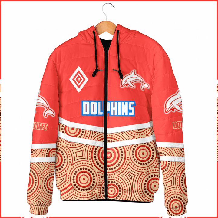 Dolphins Aboriginal Pattern 2023 Hooded Padded Jacket A35 | Love New Zealand