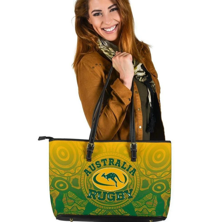 Australia Aboriginal Leather Tote Bag, Australia Rugby and Coat Of Arms Ver01
