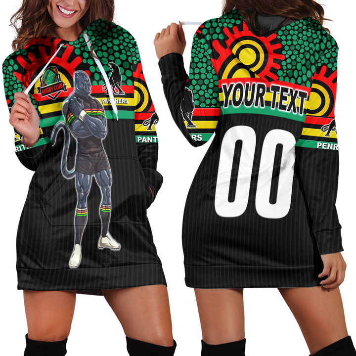 Lovenewzealand Hoodie Dress - (Personalised) Penrith Black Cats Rugby Mascot Aboriginal Pattern A35