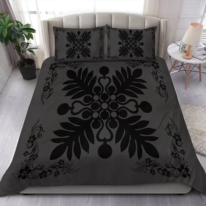 Alohawaii Home Set - Hawaiian Quilt Maui Plant And Hibiscus Pattern Bedding Set - Black Gray - AH J8