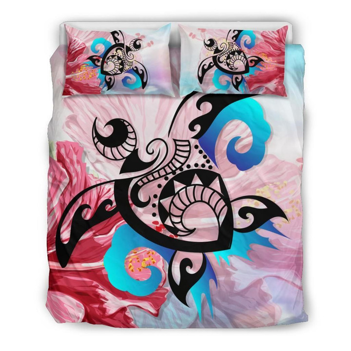 Alohawaii Home Set - Hawaiian Wave Hibiscus Watercolor Turtle Polynesian Bedding Set - AH - J4