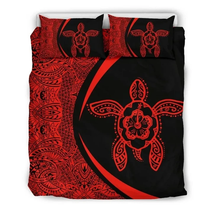 Alohawaii Home Set - Hawaiian Hibiscus Turtle Polynesian Bedding Set-Circle Style Red - AH - J7