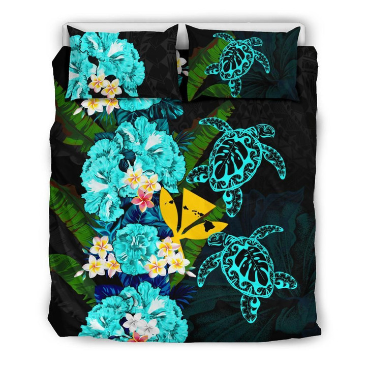 Alohawaii Bedding Set - Cover and Pillow Cases Kanaka Maoli (Hawaiian) - Polynesian Hibiscus Turtle Palm Leaves Blue | Alohawaii.co