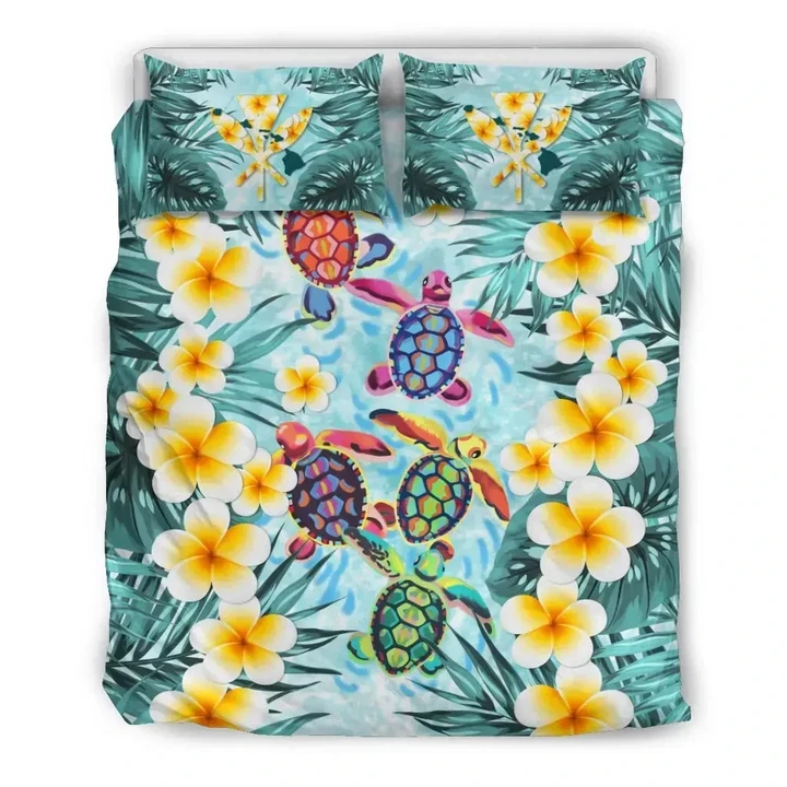 Alohawaii Bedding Set - Cover and Pillow Cases Kanaka Maoli (Hawaiian) - Little Turtle Palm Tree Leaves And Plumeria | Alohawaii.co