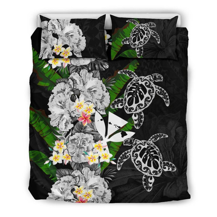 Alohawaii Bedding Set - Cover and Pillow Cases Kanaka Maoli (Hawaiian) - Polynesian Hibiscus Turtle Palm Leaves Gray | Alohawaii.co