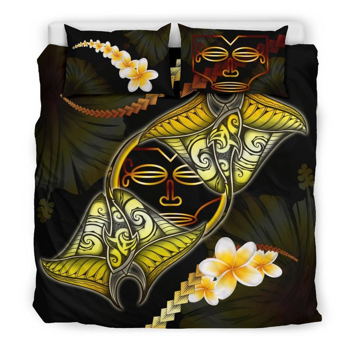 Alohawaii Bedding Set - Cover and Pillow Cases Marquesas Islands Plumeria - Polynesian Manta Ray Yellow | Alohawaii.co