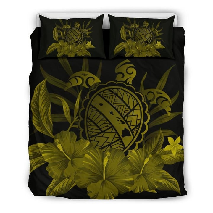 Alohawaii Bedding Set - Cover and Pillow Cases Hawaiian Map Turtle Hibiscus Polynesian - Yellow | Alohawaii.co