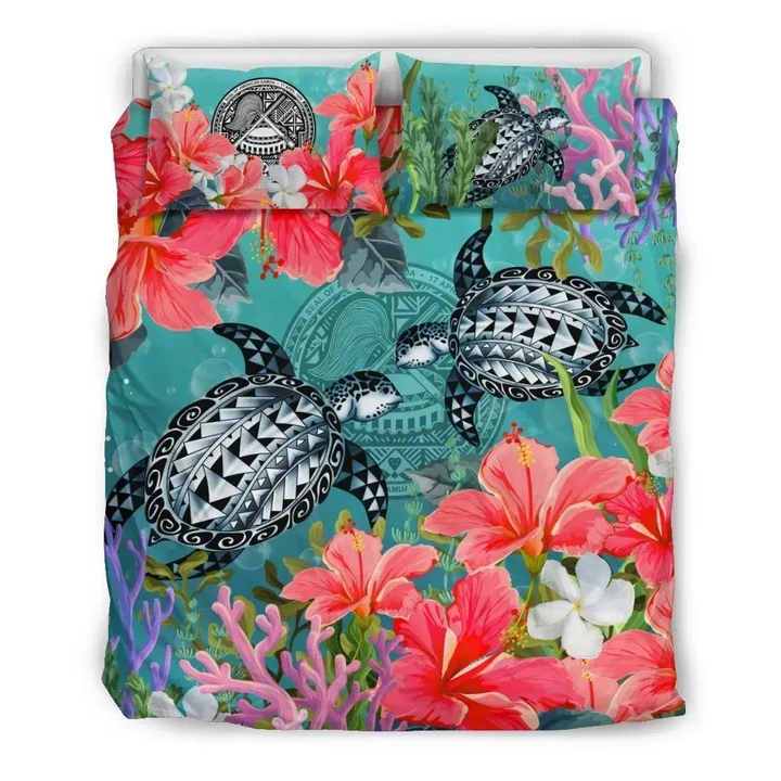 Alohawaii Bedding Set - Cover and Pillow Cases American Samoa - Polynesian Turtle Hibiscus And Seaweed | Alohawaii.co