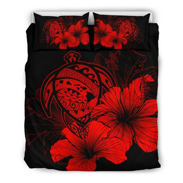 Alohawaii Bedding Set - Cover and Pillow Cases Hawaiian Map Hibiscus Turtle Polynesian - Red | Alohawaii.co