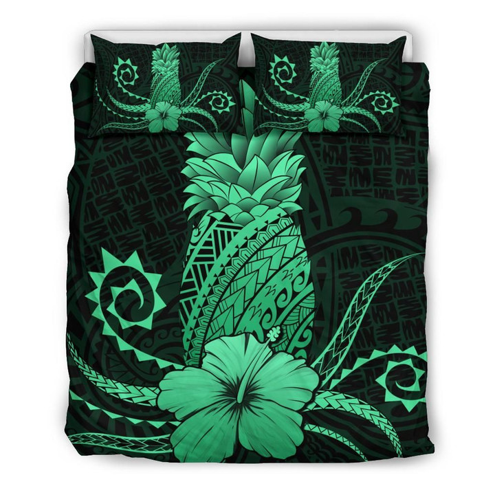 Alohawaii Bedding Set - Cover and Pillow Cases Hawaii Polynesian Pineapple Hibiscus - Zela Style Green | Alohawaii.co