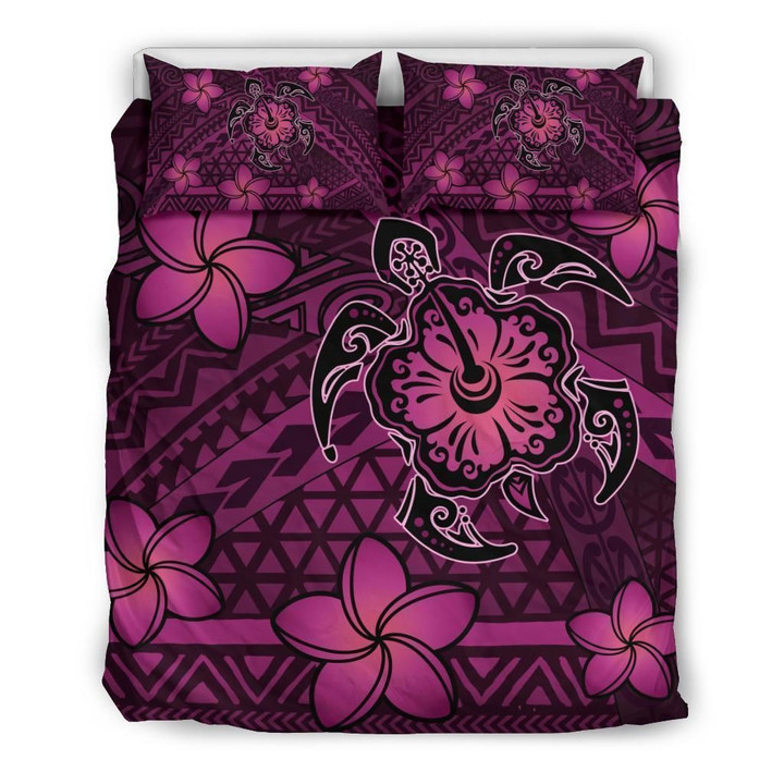 Alohawaii Bedding Set - Cover and Pillow Cases Hawaii Mix Polynesian Turtle Plumeria- Nick Style - Pink | Alohawaii.co