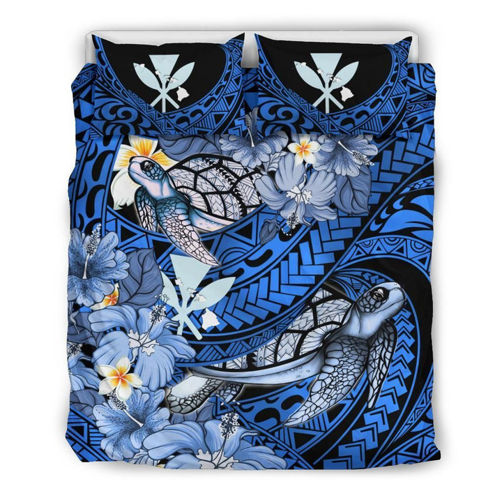 Alohawaii Bedding Set - Cover and Pillow Cases Kanaka Maoli (Hawaiian) - Waves Polynesian Turtle Hibiscus (Dark Blue) | Alohawaii.co