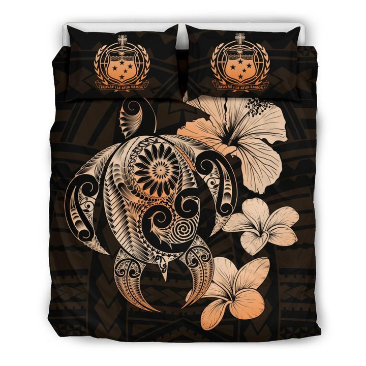 Alohawaii Bedding Set - Cover and Pillow Cases Samoa Hibiscus Plumeria Mix Polynesian Orange Turtle | Alohawaii.co