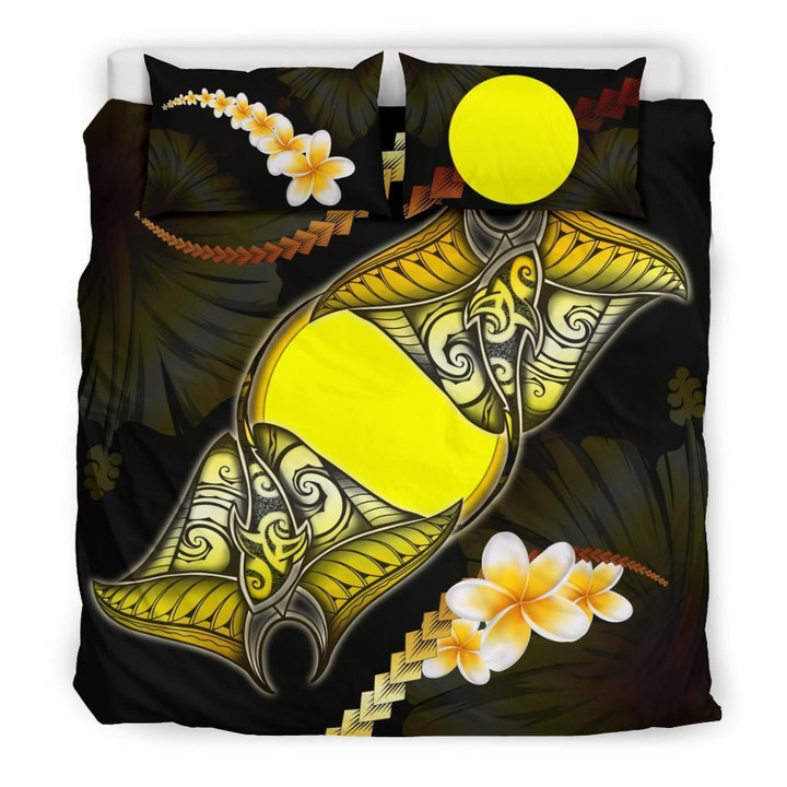 Alohawaii Bedding Set - Cover and Pillow Cases Palau Plumeria - Polynesian Manta Ray Yellow | Alohawaii.co