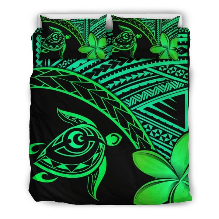 Alohawaii Bedding Set - Cover and Pillow Cases Hawaiian Turtle Kakau Plumeria Polynesian Green | Alohawaii.co