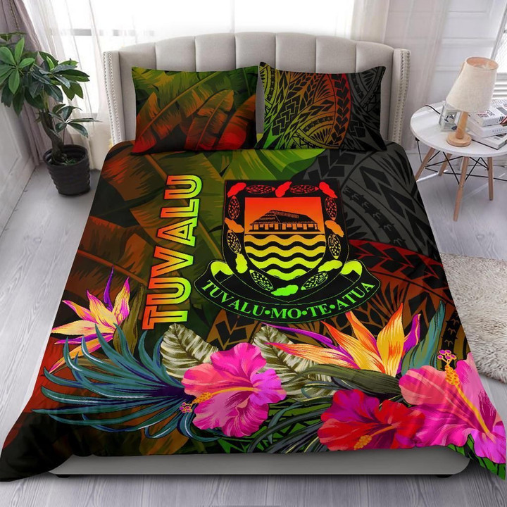 Alohawaii Bedding Set - Cover and Pillow Cases Tuvalu Polynesian -  Hibiscus and Banana Leaves | Alohawaii.co