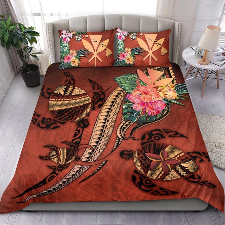 Alohawaii Bedding Set - Cover and Pillow Cases Kanaka Maoli Hawaii - Turtle Tribal Tattoo with Hibiscus Coral | Alohawaii.co