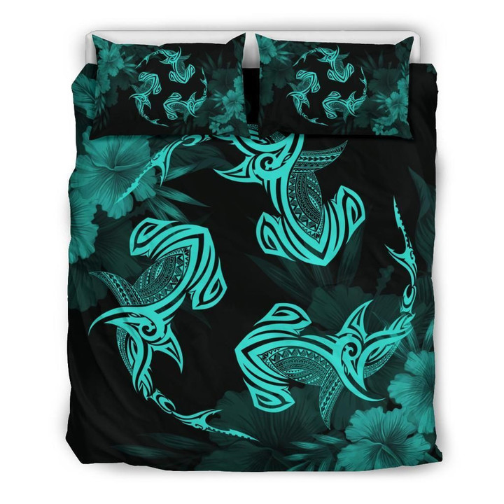 Alohawaii Bedding Set - Cover and Pillow Cases Hawaiian Hammerhead Shark Hibiscus Turquoise Polynesian | Alohawaii.co