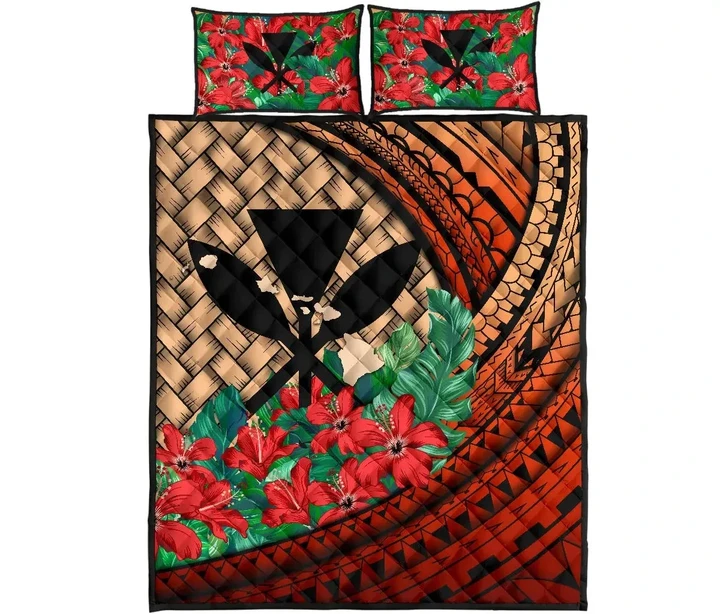 Alohawaii Home Set - Quilt Bed Set Kanaka Maoli (Hawaiian) - Lauhala Polynesian Hibiscus Red | Alohawaii.co