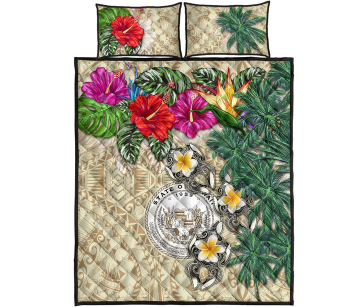 Alohawaii Home Set - Quilt Bed Set Hawaii - Hibiscus Turtle Tattoo Beige | Alohawaii.co