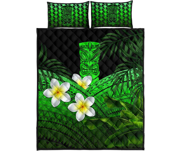 Alohawaii Home Set - Quilt Bed Set Hawaii Polynesian Tiki Plumeria Banana Leaves Green | Alohawaii.co