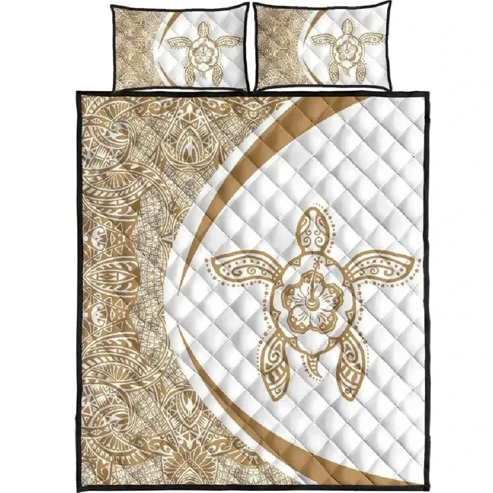 Alohawaii Home Set - Quilt Bed Set Hawaiian Polynesian Turtle Circle Style Gold And White | Alohawaii.co