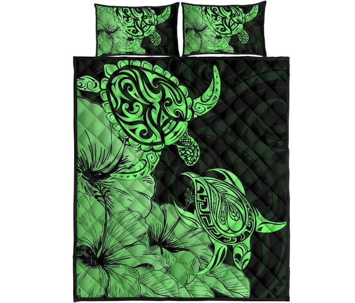 Alohawaii Home Set - Quilt Bed Set Hawaii Turtle Polynesian Hibiscus Art Green | Alohawaii.co