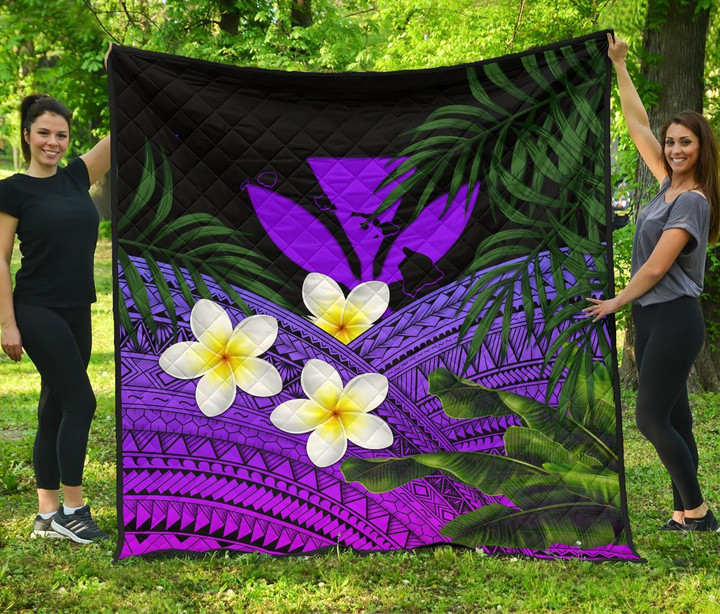 Alohawaii Home Set - Premium Quilt Kanaka Maoli (Hawaiian) Polynesian Plumeria Banana Leaves Purple A02