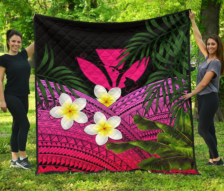 Alohawaii Home Set - Premium Quilt Kanaka Maoli (Hawaiian) Polynesian Plumeria Banana Leaves Pink A02