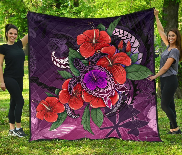 Alohawaii Home Set - Premium Quilt Polynesian Hawaii - Purple Hibiscus Turtle Flowing - BN11