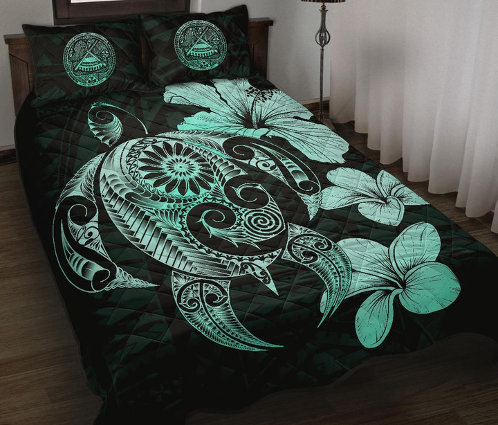 Alohawaii Home Set - Quilt Bed Set American Samoa Plumeria Mix Polynesian Turtle Turquoise | Alohawaii.co