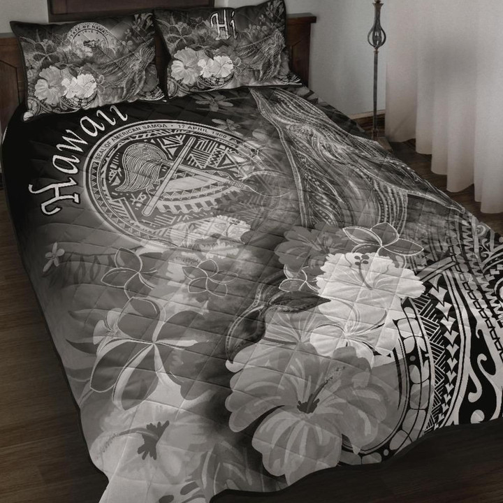 Alohawaii Home Set - Quilt Bed Set Polynesian Hawaii - Humpback Whale with Tropical Flowers (White) | Alohawaii.co