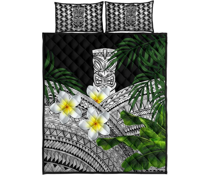 Alohawaii Home Set - Quilt Bed Set Hawaii Polynesian Tiki Plumeria Banana Leaves Gray | Alohawaii.co