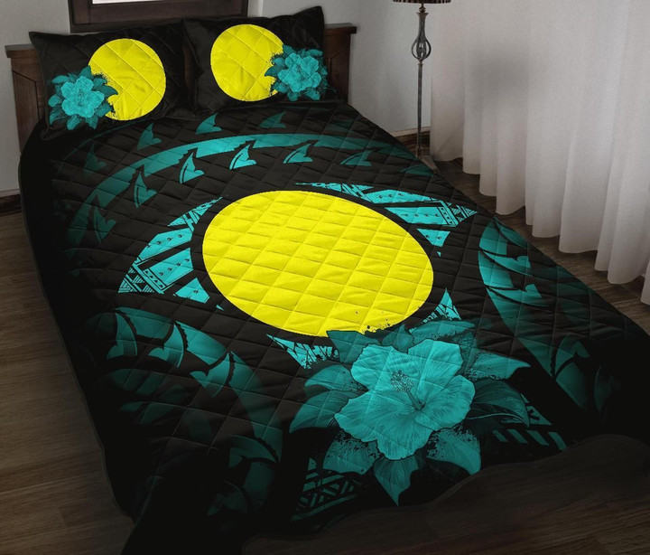 Alohawaii Home Set - Quilt Bed Set Palau Hibiscus Turquoise | Alohawaii.co