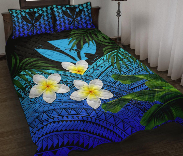 Alohawaii Home Set - Quilt Bed Set Kanaka Maoli (Hawaiian) Polynesian Plumeria Banana Leaves Blue | Alohawaii.co