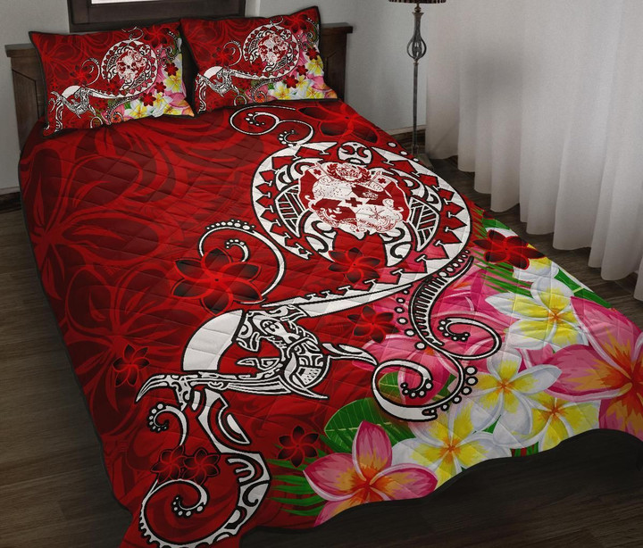 Alohawaii Home Set - Premium Quilt Tonga Bed Set - Turtle Plumeria (Red) - BN18