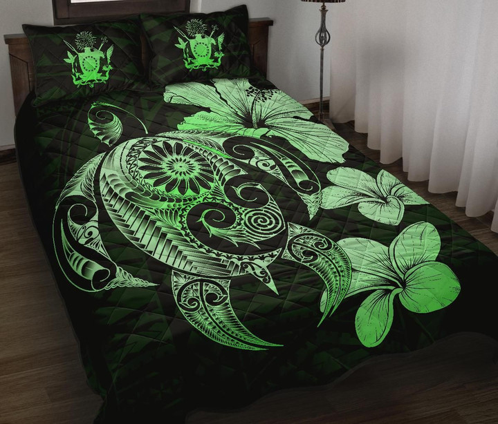 Alohawaii Home Set - Quilt Bed Set Cook Islands Plumeria Mix Polynesian Turtle Green | Alohawaii.co