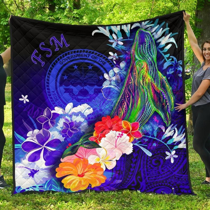 Alohawaii Home Set - Premium Quilt Federated States of Micronesia - Humpback Whale with Tropical Flowers (Blue)- BN18