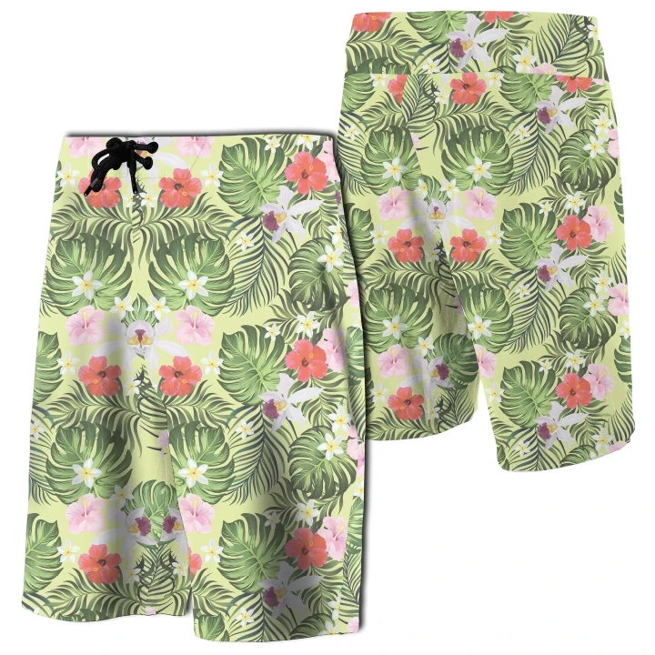Alohawaii Short - Tropical Hibiscus, Plumeria Green Board Shorts