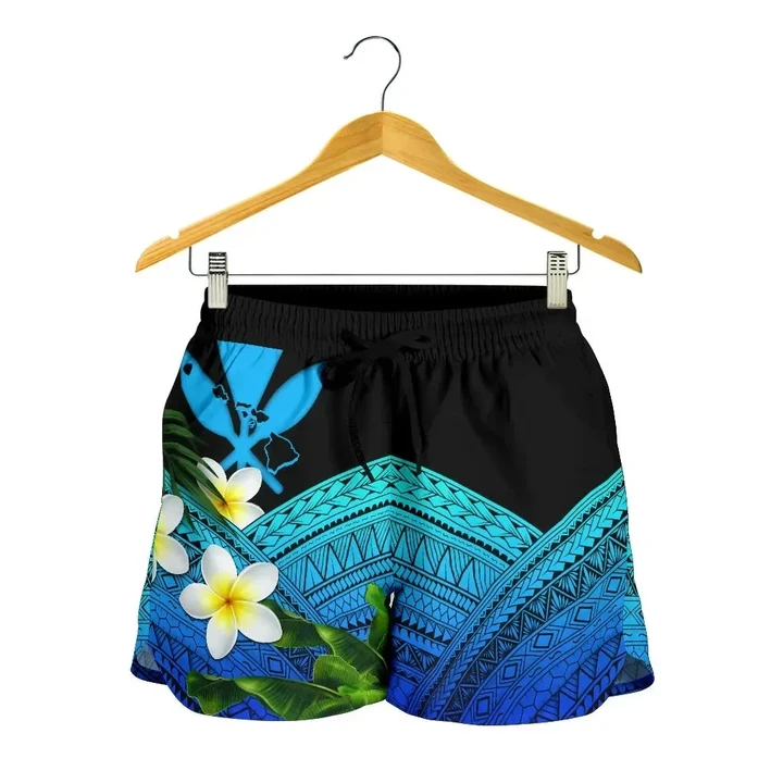 Alohawaii Short - Kanaka Maoli (Hawaiian) Women's Shorts, Polynesian Plumeria Banana Leaves Blue | Alohawaii.co