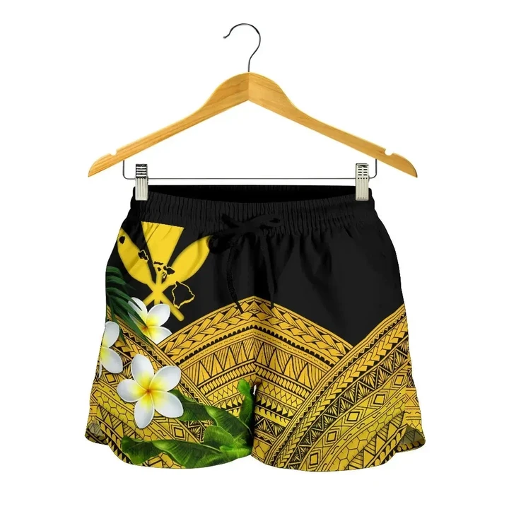 Alohawaii Short - Kanaka Maoli (Hawaiian) Women's Shorts, Polynesian Plumeria Banana Leaves Yellow | Alohawaii.co