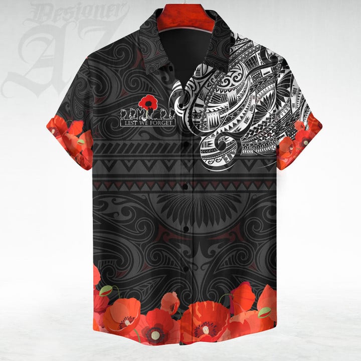New Zealand Hawaiian Shirt Anzac Day Forget Lest We Forget - Maori Tattoo Style A7 | LoveNewZealand