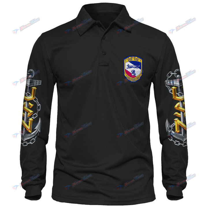 USS Fox (CG-33) - Men's Polo Shirt Quick Dry Performance - Long Sleeve Tactical Shirts - Golf Shirt - PL7 -US