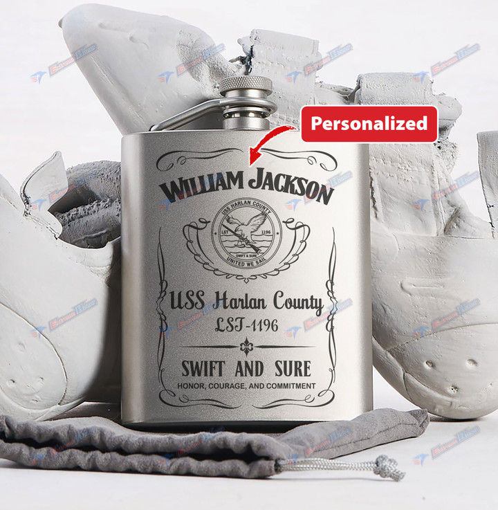 Personalized USS Harlan County (LST-1196) - Steel Hip Flask - WI1- US