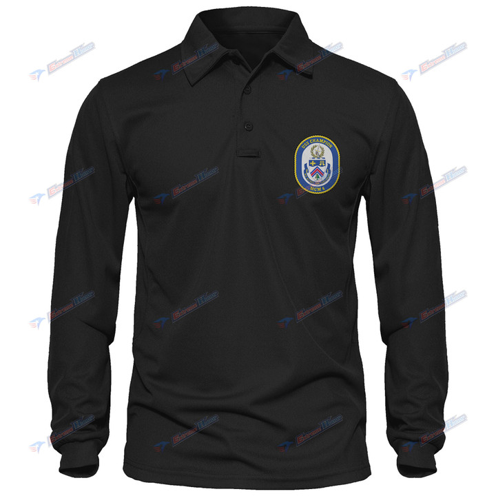 USS CHAMPION (MCM-4) - Men's Polo Shirt Quick Dry Performance - Long Sleeve Tactical Shirts - Golf Shirt - PL9 -US