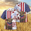 Independence Day Highland Cattle Art With American Flag Tropical Plant Hawaii Hawaiian Shirt