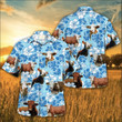 White And Brown Simmental Family With Blue Tropical Floral Hawaii Hawaiian Shirt