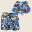 White And Brown Longhorn Cattle With Blue Coconut Palm Beach Shorts Trunks Couple Matching